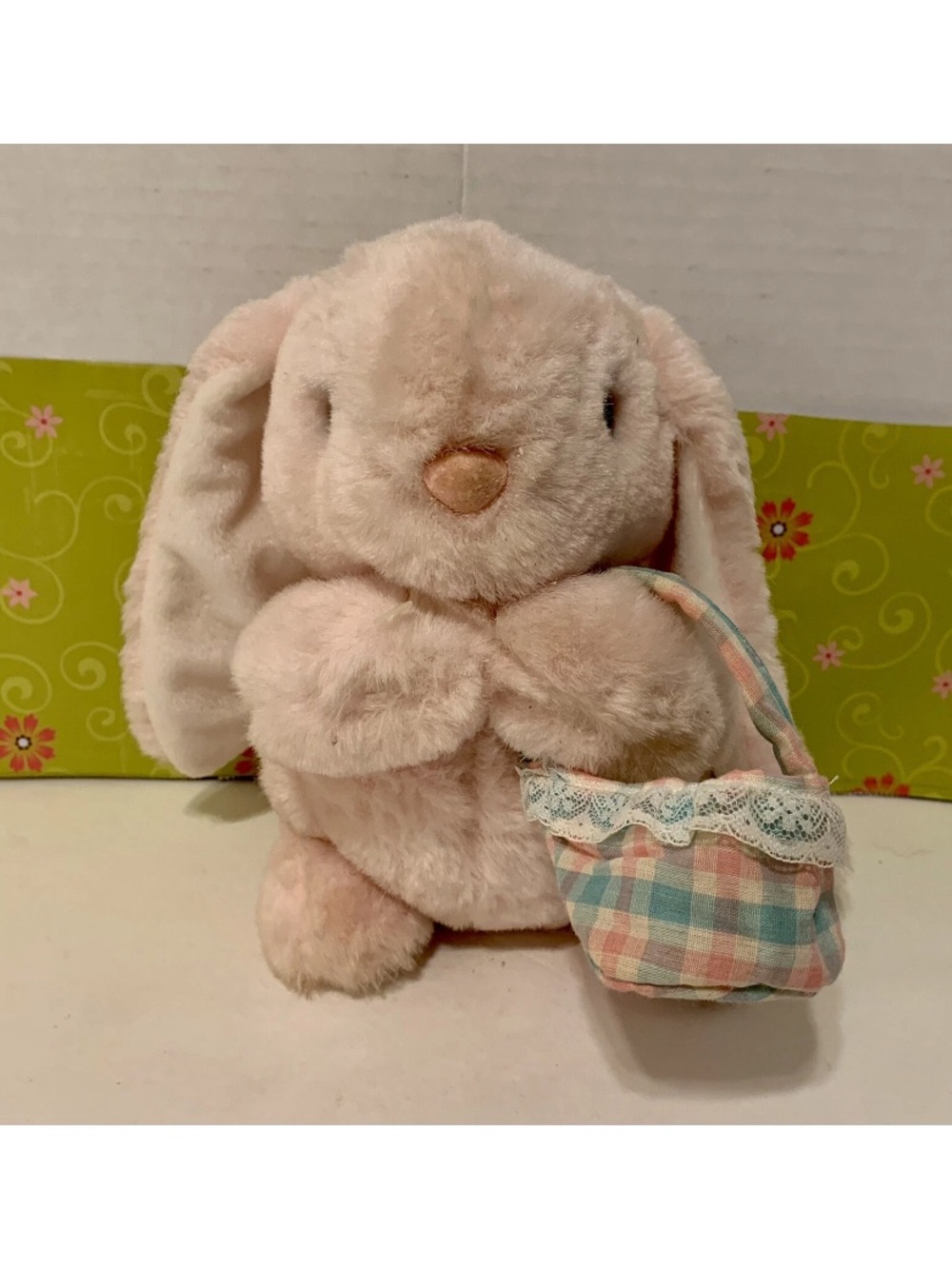 VINTAGE EASTER PETS BUNNY 9” Rabbit PINK  Plush Stuffed Animal W/Easter Basket